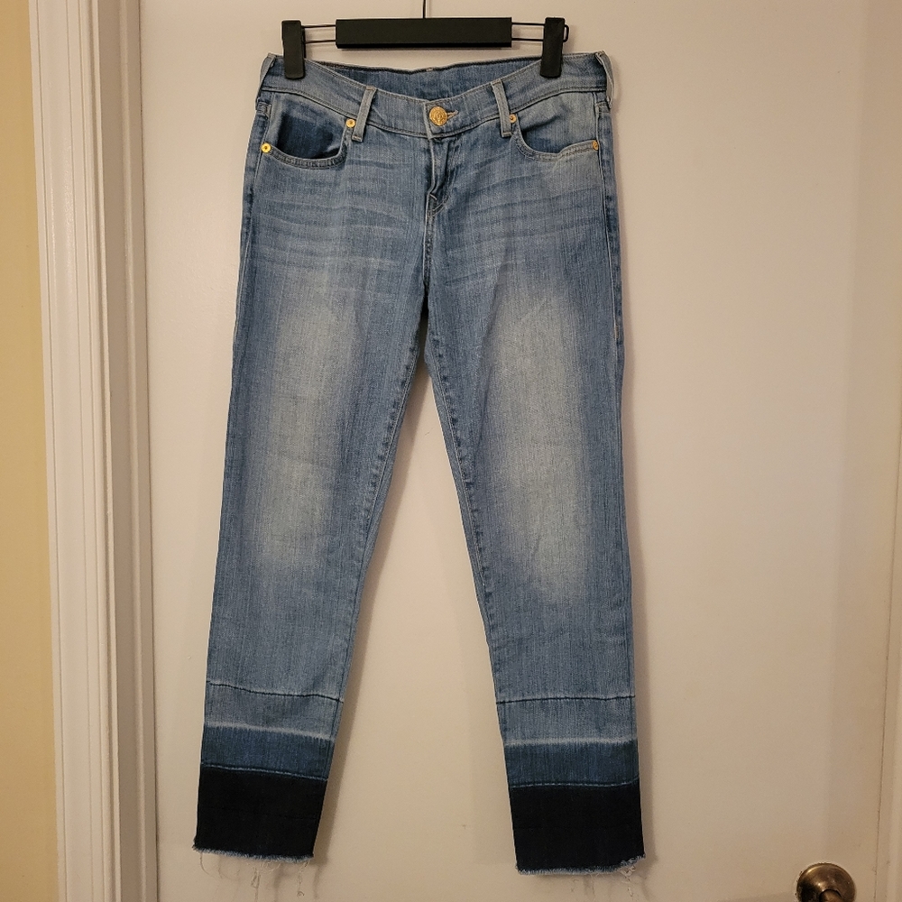 True Religion Cropped Ombre Rough Hem Relaxed Jeans, Size 26